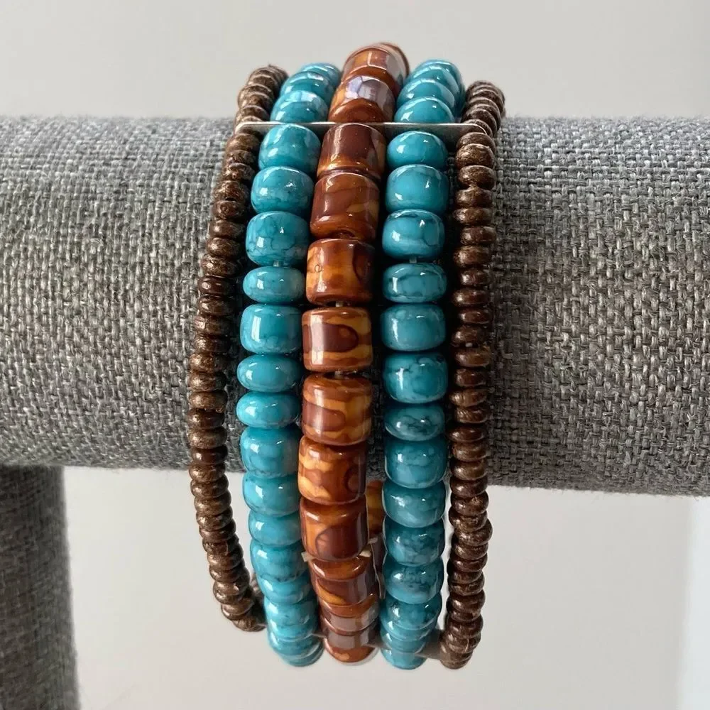 Indian Aztec Wooden Beaded Bracelet Teal Turquoise Brown Metal Stretch